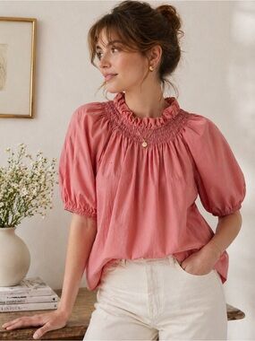 J.Crew Smocked Ruffle Neck Puff Sleeve Cotton Poplin Top Cottagecore Size XS